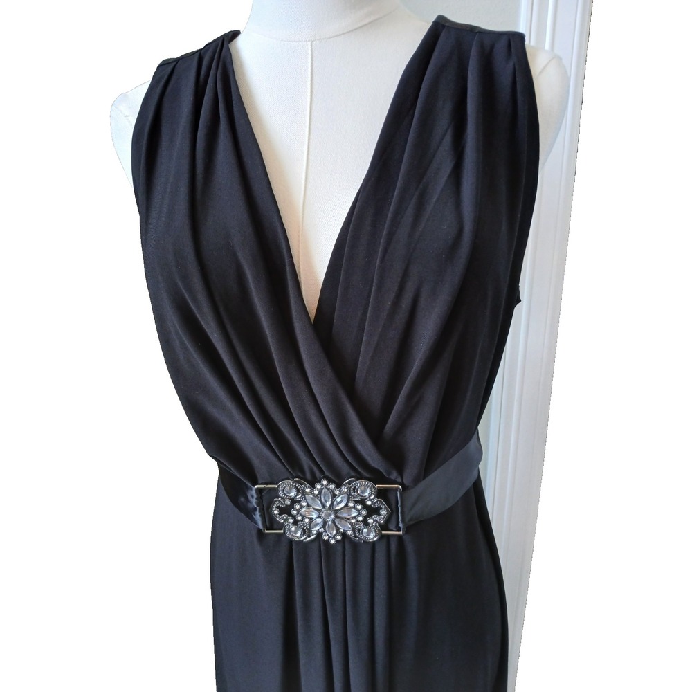 Scarlett Nite Embellished Black Maxi Dress Plunge Neckline Satin Tie Size 14